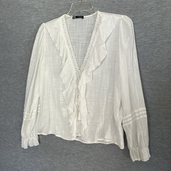 Zara Sheer Gauzy Ruffled Top Large Ivory Puff Sleeve Boho Peasant Fairy Blouse - Picture 5 of 11